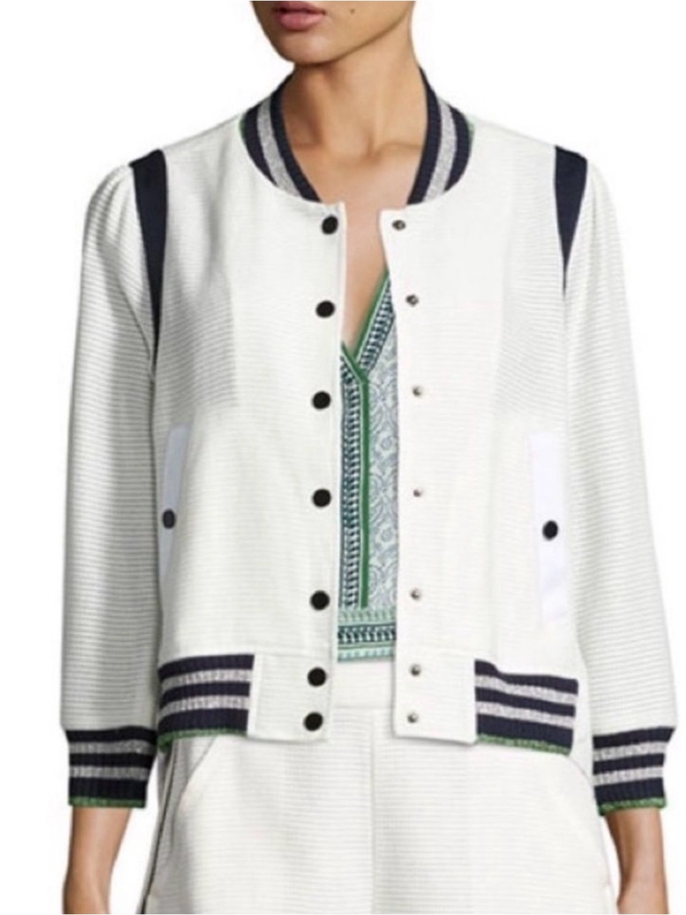 Veronica Beard White Textured Knit Bomber Jacket Size 2